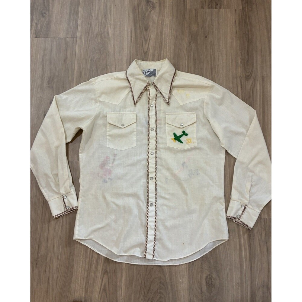 Vintage 70s GAP Cream Western Shirt Pearl Snap Custom Embroidered Retro Men’s XL